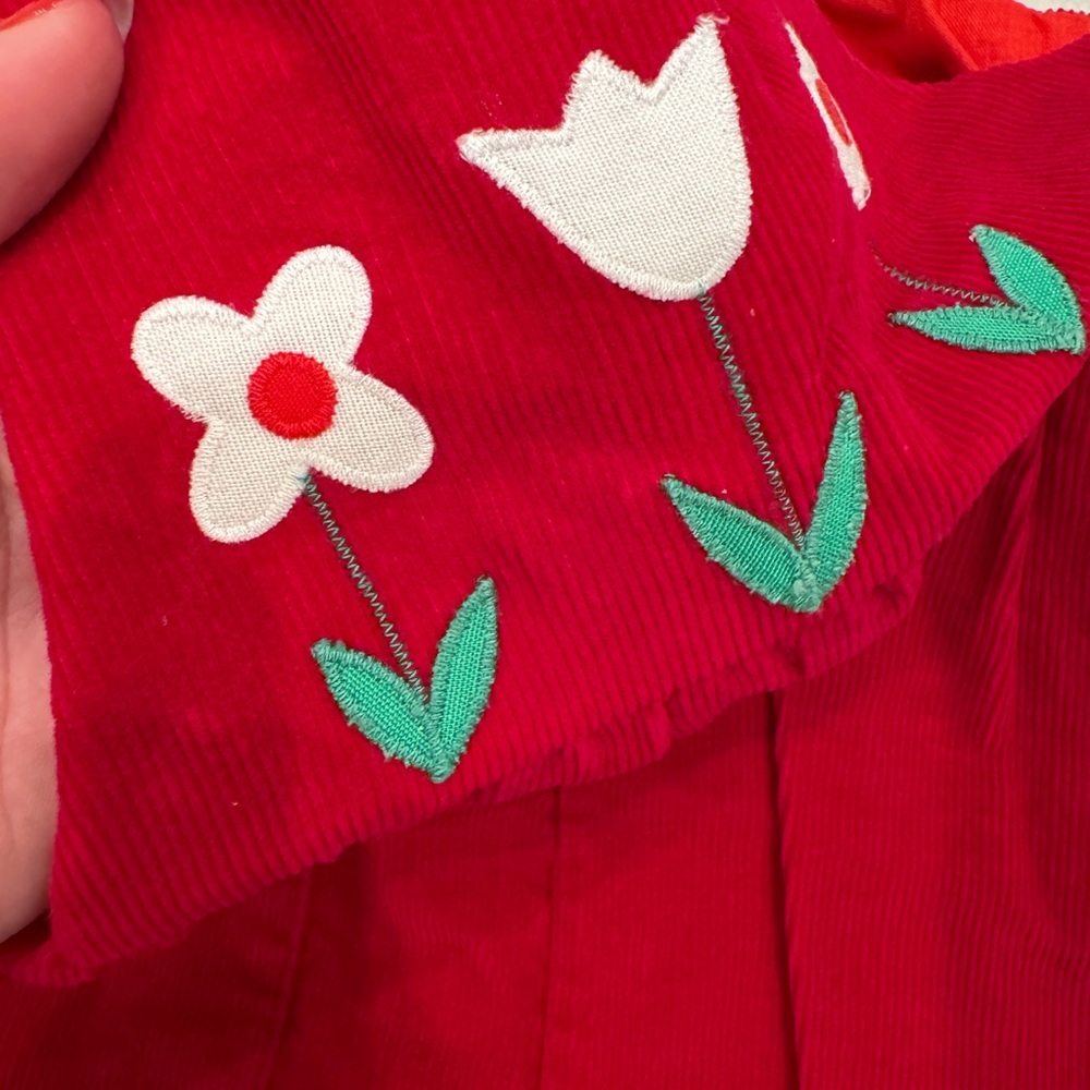 Vintage Girl’s Corduroy Red Flower Appliqué Overall Jumpsuit Romper - Picture 5 of 7